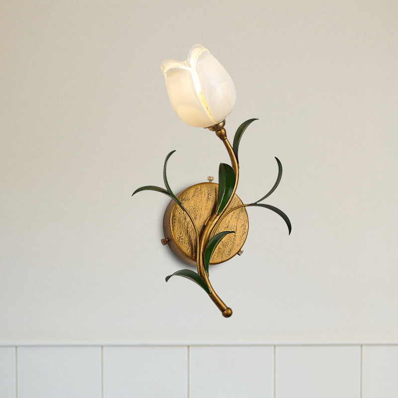 Laiton 1 tête de tête lampe montée à la tête blanc rustique / verre jaune applique florale Lumière pour le salon