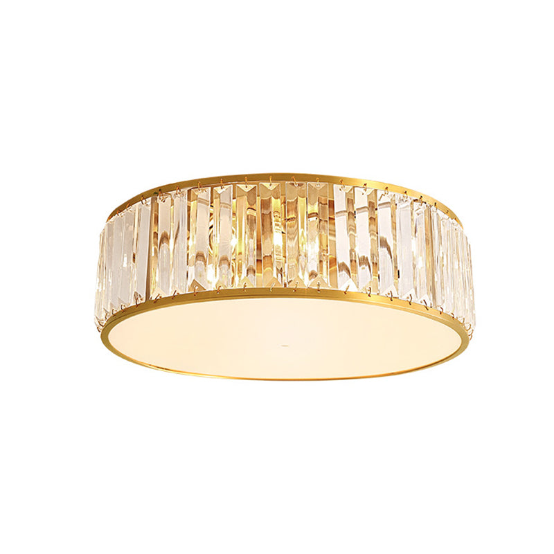 Plafonnier circulaire doré en cuivre de style luxe colonial avec abat-jour en cristal