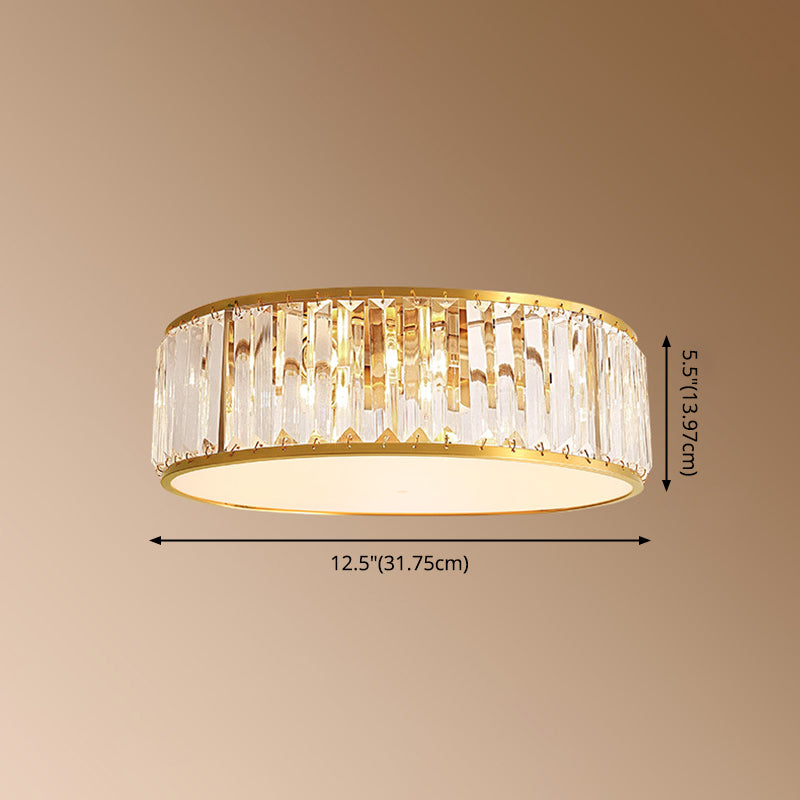Plafonnier circulaire doré en cuivre de style luxe colonial avec abat-jour en cristal