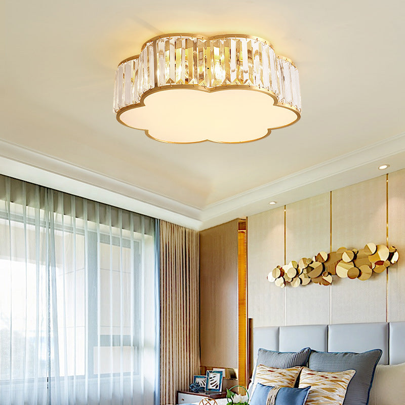 Plafonnier d'intérieur en cuivre à montage encastré pétaloïde de luxe colonial avec abat-jour en cristal