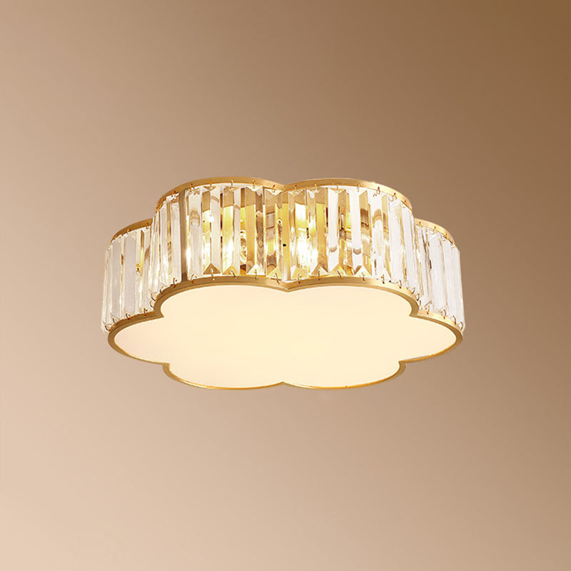 Plafonnier d'intérieur en cuivre à montage encastré pétaloïde de luxe colonial avec abat-jour en cristal