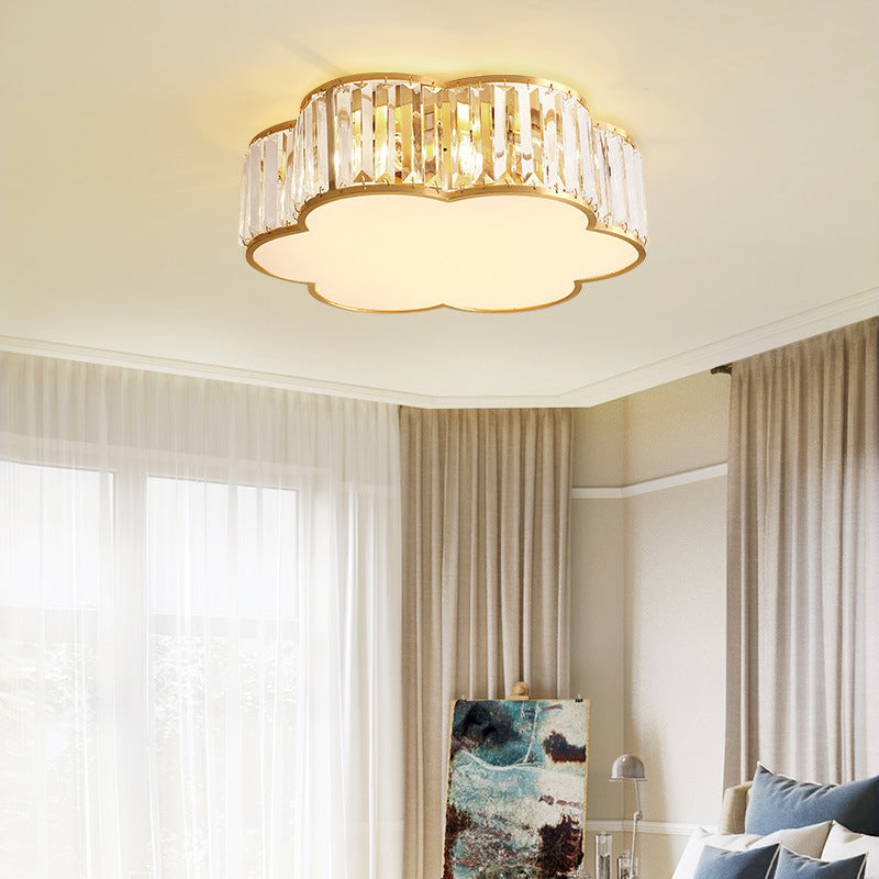 Plafonnier d'intérieur en cuivre à montage encastré pétaloïde de luxe colonial avec abat-jour en cristal