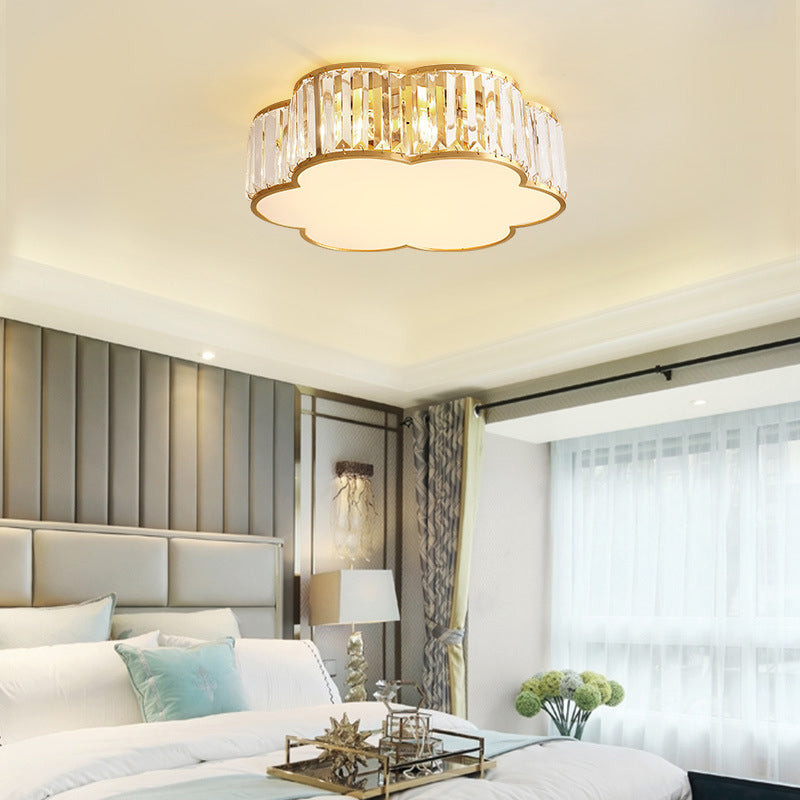 Plafonnier d'intérieur en cuivre à montage encastré pétaloïde de luxe colonial avec abat-jour en cristal