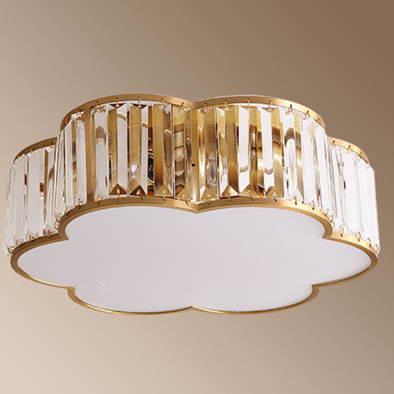 Plafonnier d'intérieur en cuivre à montage encastré pétaloïde de luxe colonial avec abat-jour en cristal
