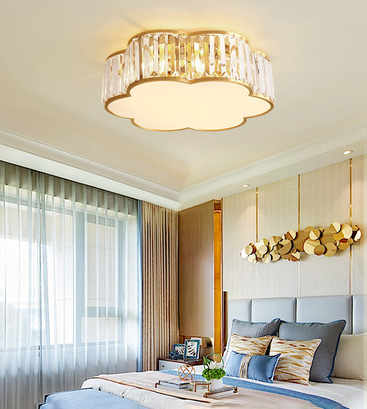 Plafonnier d'intérieur en cuivre à montage encastré pétaloïde de luxe colonial avec abat-jour en cristal