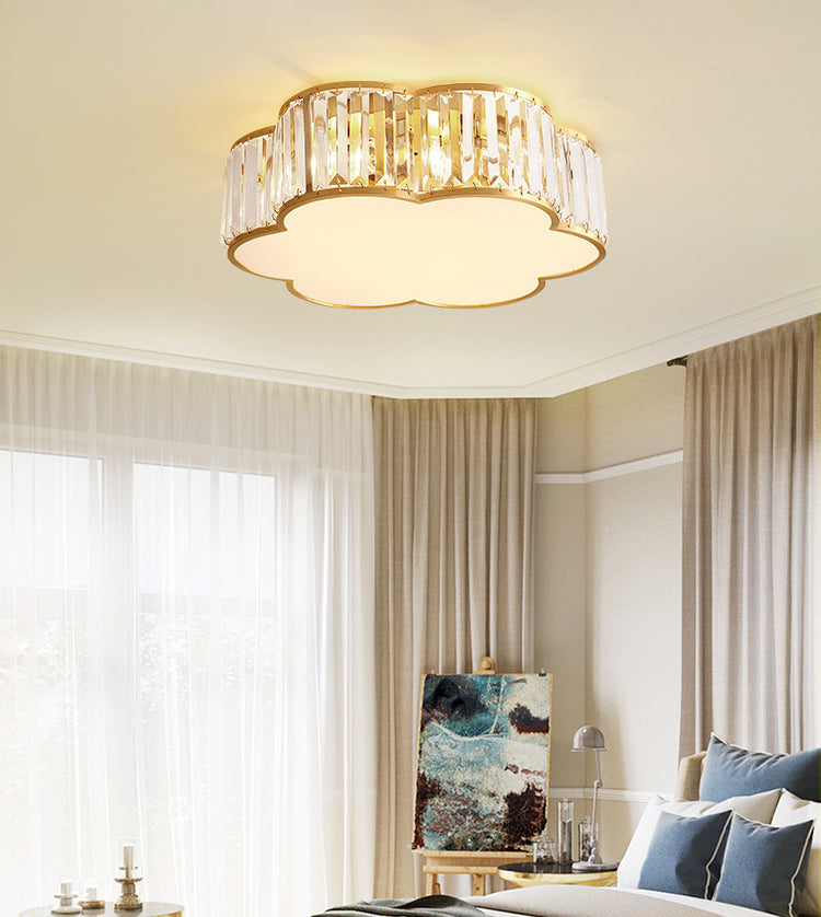 Plafonnier d'intérieur en cuivre à montage encastré pétaloïde de luxe colonial avec abat-jour en cristal