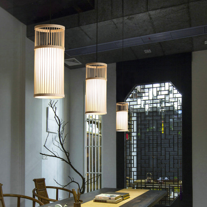 1-Light Bamboo Suspended Lighting Fixture Japanese Pendant Light Kit for Living Room