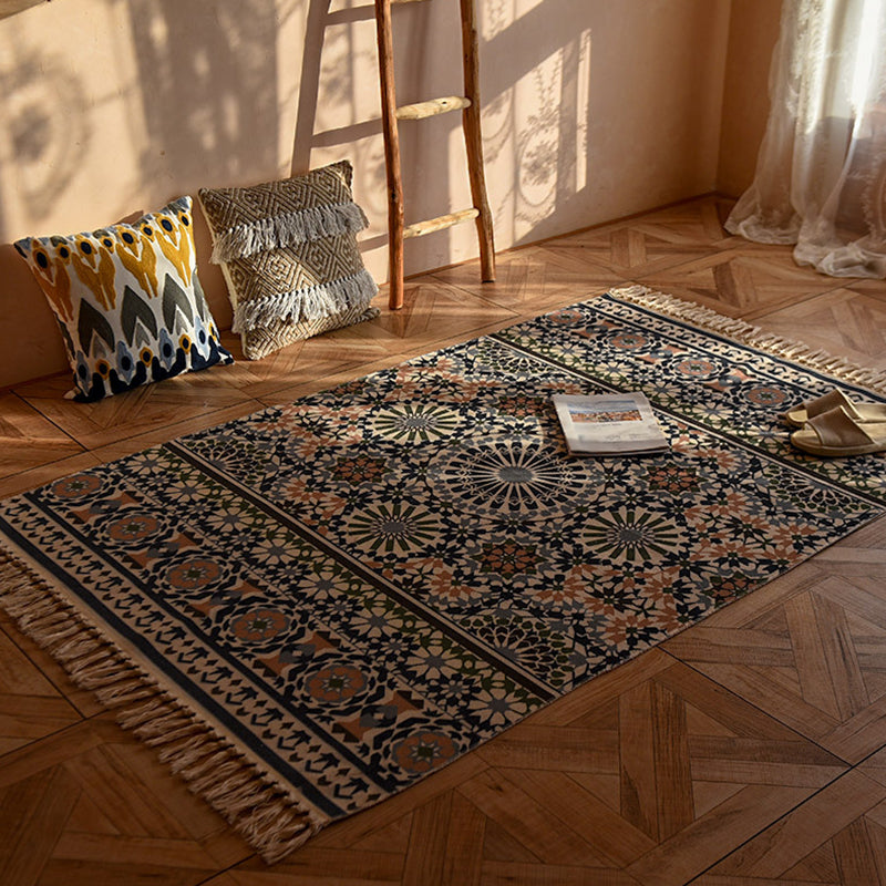 Bohemian Tribal Print Carpet Polyester Fringe Indoor Rug Stain Resistant Area Carpet for Living Room