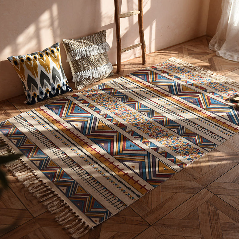 Bohemian Tribal Print Carpet Polyester Fringe Indoor Rug Stain Resistant Area Carpet for Living Room