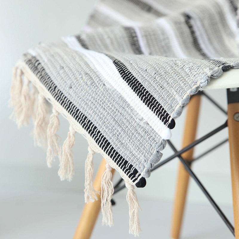 Ethnic Carpet Stripe Pattern Living Room Indoor Rug Cotton Blend Fringe Washable Indoor Rug
