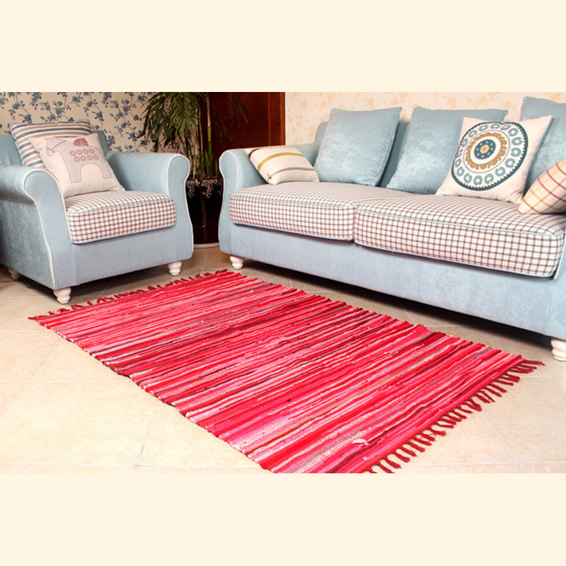 Ethnic Carpet Stripe Pattern Living Room Indoor Rug Cotton Blend Fringe Washable Indoor Rug