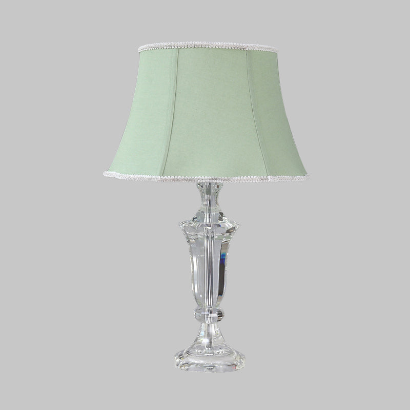 1 Light Paneled Bell Table Lamp Rustic Green Fabric Night Light for Bedroom with Crystal Base