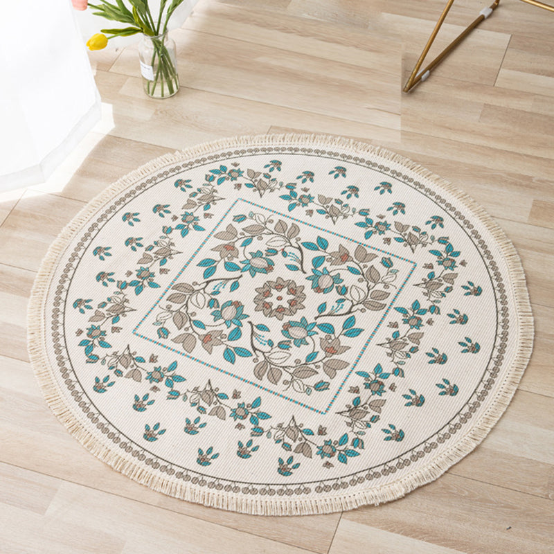Traditional Flower Print Carpet Polyester Indoor Rug Washable Fringe Area Carpet for Living Room
