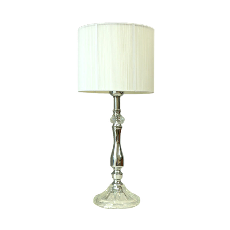 Lampada da Tavolo in Tessuto Bianco Cilindro 1 Luce Luce Notturna Semplice per Soggiorno con Base in Cristallo