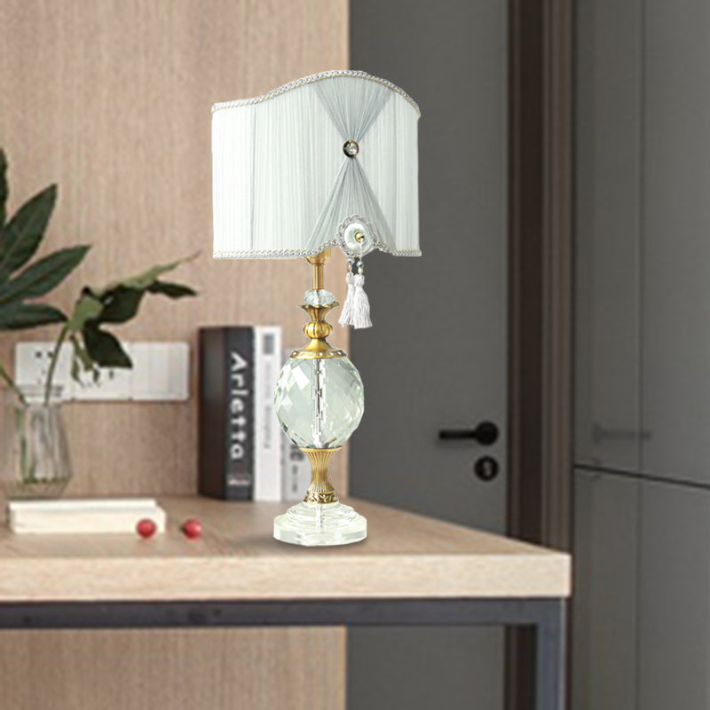 Rustic Globe Night Lamp Single Bulb Crystal Table Light in White with Drum Fabric Shade