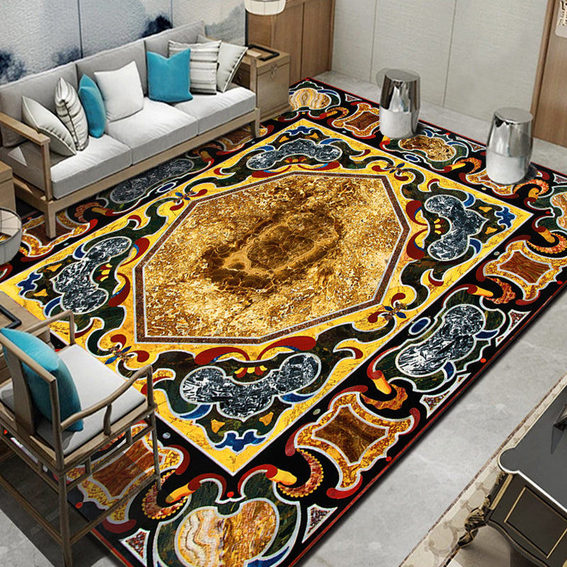 Dark Blue Modern Rug Polyester Flowers Indoor Rug Non-Slip Backing Rug for Living Room