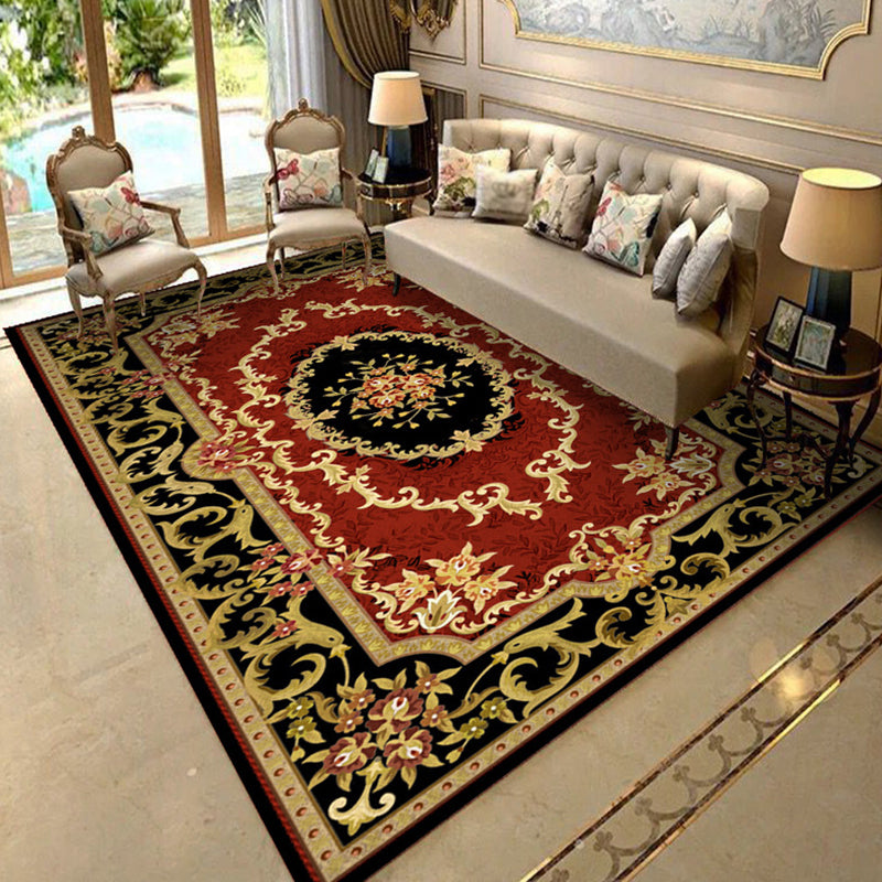 Dark Blue Modern Rug Polyester Flowers Indoor Rug Non-Slip Backing Rug for Living Room