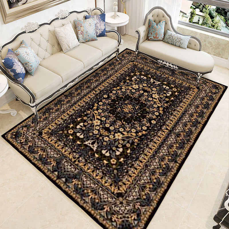 Dark Blue Modern Rug Polyester Flowers Indoor Rug Non-Slip Backing Rug for Living Room