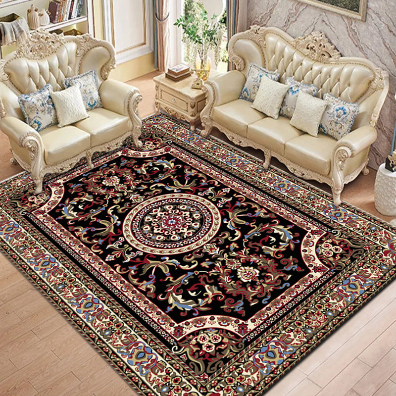 Dark Blue Modern Rug Polyester Flowers Indoor Rug Non-Slip Backing Rug for Living Room