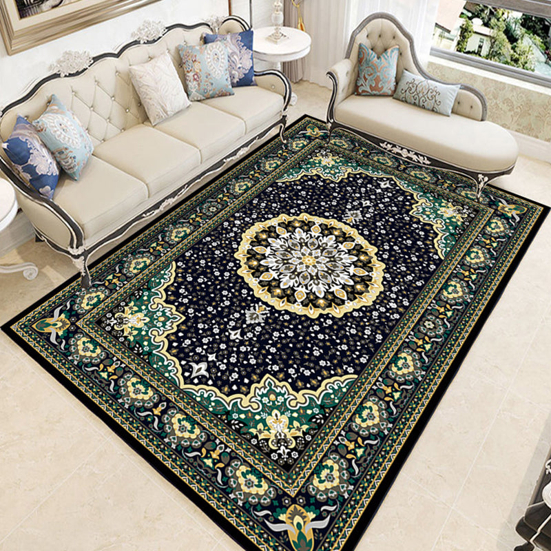 Dark Blue Modern Rug Polyester Flowers Indoor Rug Non-Slip Backing Rug for Living Room