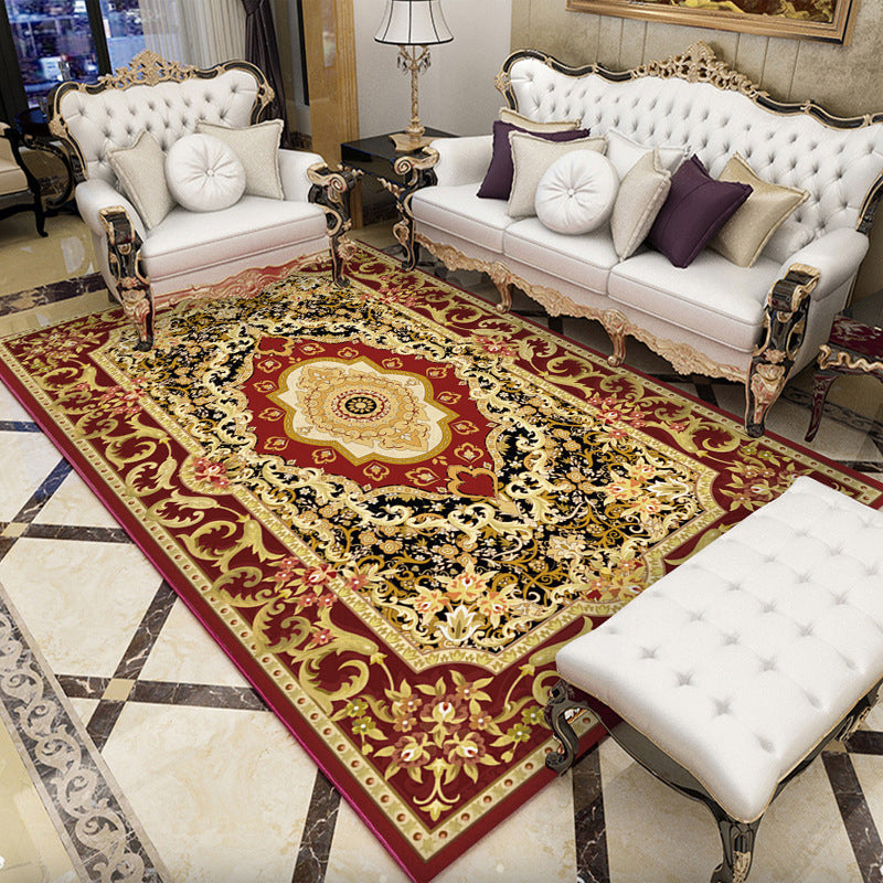 Red Modern Indoor Rug Polyester Flower Carpet Non-Slip Backing Area Rug for Living Room