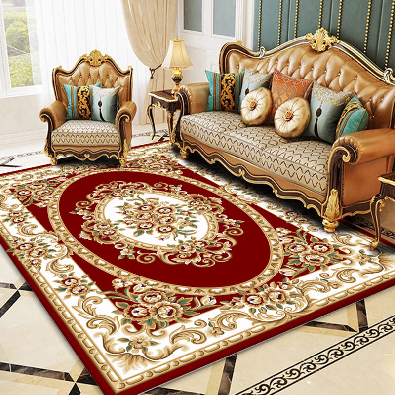 Red Modern Indoor Rug Polyester Flower Carpet Non-Slip Backing Area Rug for Living Room