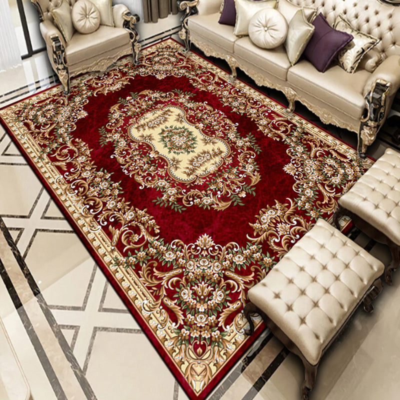 Red Modern Indoor Rug Polyester Flower Carpet Non-Slip Backing Area Rug for Living Room