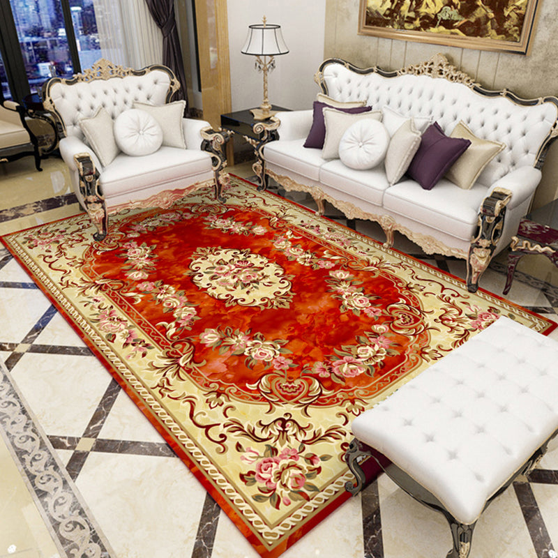 Red Modern Indoor Rug Polyester Flower Carpet Non-Slip Backing Area Rug for Living Room