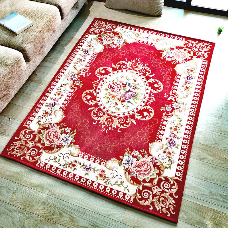 Brown Vintage Rug Polyester Flowers Area Rug Non-Slip Backing Indoor Rug for Living Room