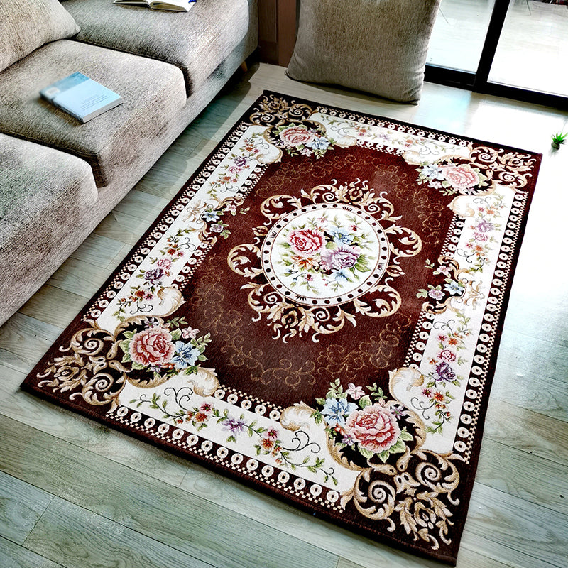 Brown Vintage Rug Polyester Flowers Area Rug Non-Slip Backing Indoor Rug for Living Room