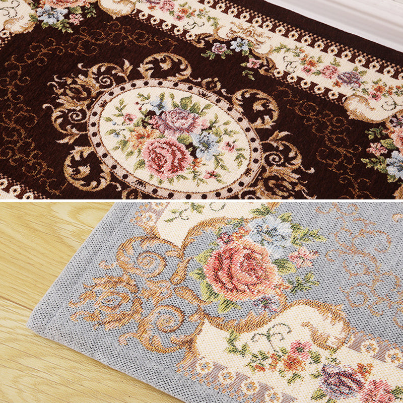 Brown Vintage Rug Polyester Flowers Area Rug Non-Slip Backing Indoor Rug for Living Room