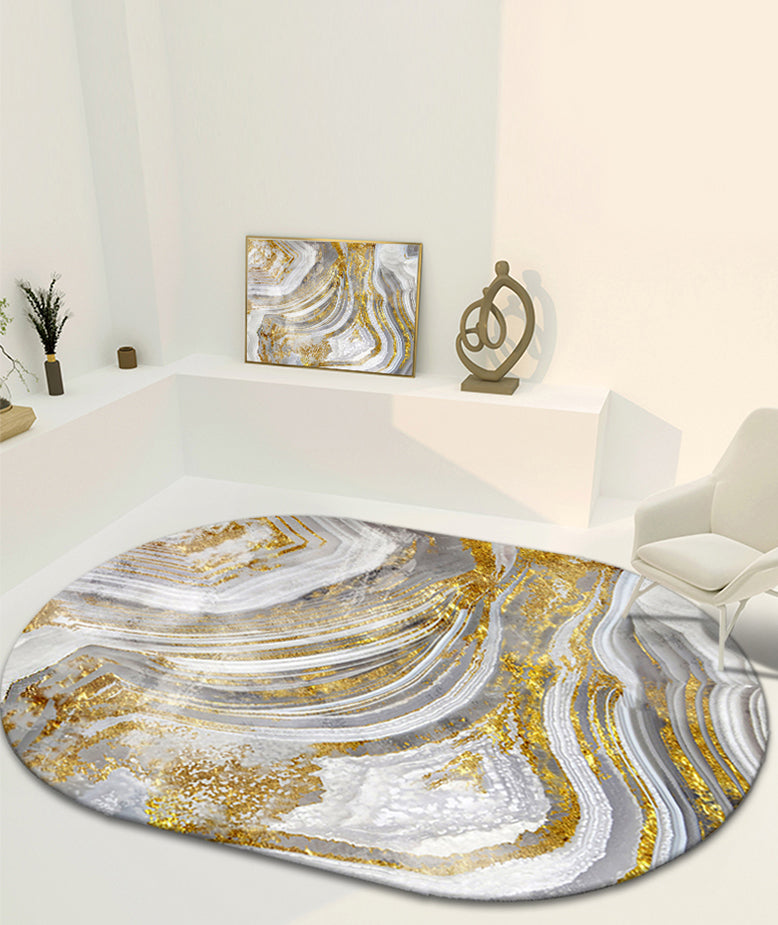 Grey Living Room Area Rug Marble Print Polyester Area Carpet Non-Slip Backing Rug