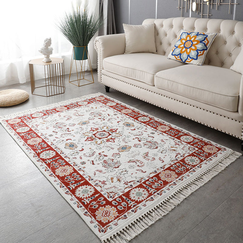 Bohemian Medallion Print Carpet Polyester Fringe Area Rug Pet Friendly Indoor Carpet for Living Room