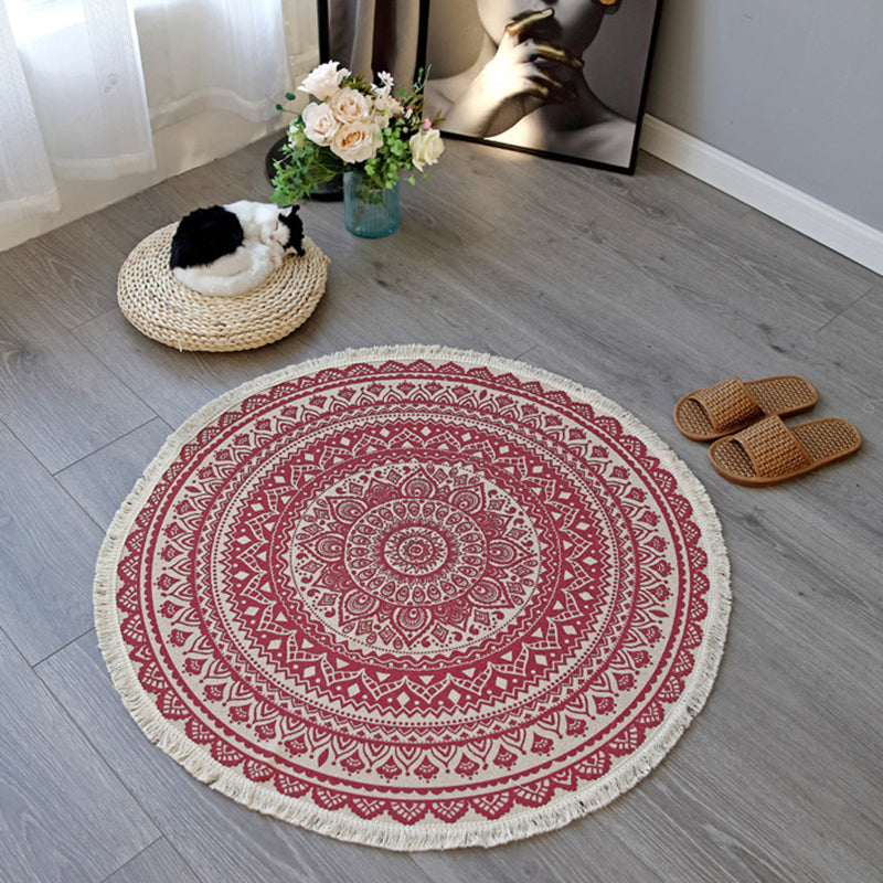 Bohemian Round Carpet Americana Pattern Indoor Rug Cotton Blend Fringe Area Rug for Home Decor