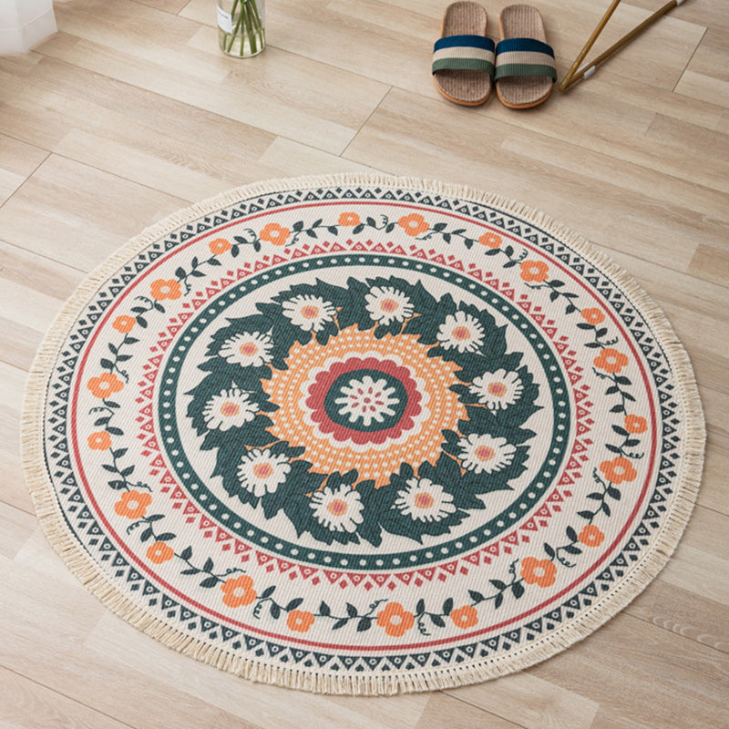 Bohemian Round Carpet Americana Pattern Indoor Rug Cotton Blend Fringe Area Rug for Home Decor