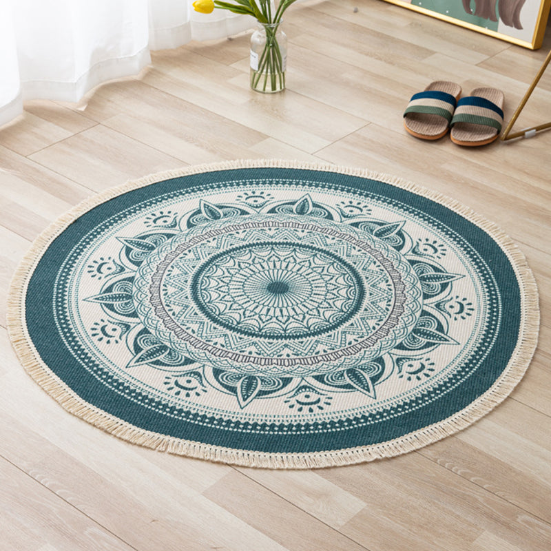 Bohemian Round Carpet Americana Pattern Indoor Rug Cotton Blend Fringe Area Rug for Home Decor