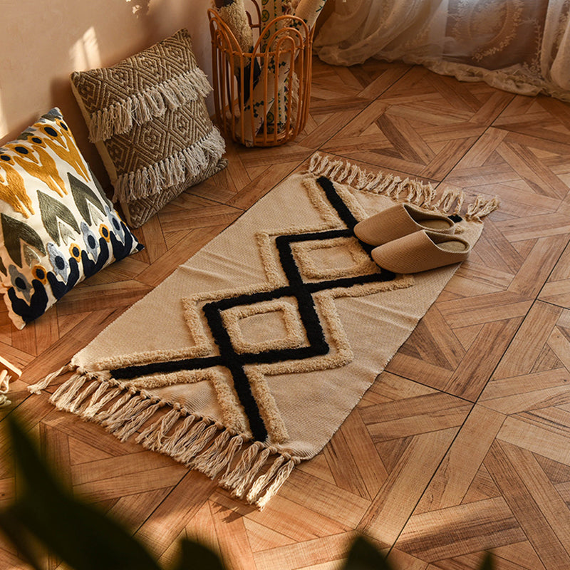 Bohemian Americana Rug Khaki Tone Cotton Blend Rug Washable Carpet with Fringe for Home Decor