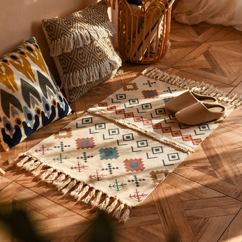 Bohemian Americana Rug Khaki Tone Cotton Blend Rug Washable Carpet with Fringe for Home Decor