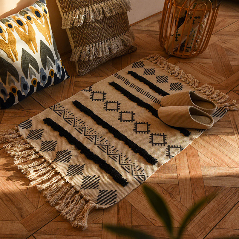 Bohemian Americana Rug Khaki Tone Cotton Blend Rug Washable Carpet with Fringe for Home Decor