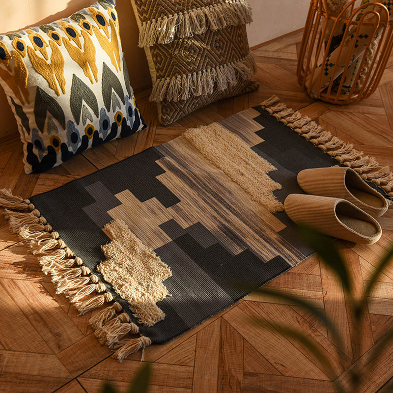 Bohemian Americana Rug Khaki Tone Cotton Blend Rug Washable Carpet with Fringe for Home Decor