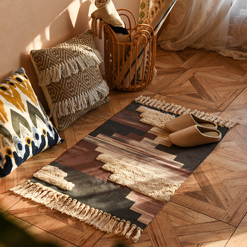 Bohemian Americana Rug Khaki Tone Cotton Blend Rug Washable Carpet with Fringe for Home Decor