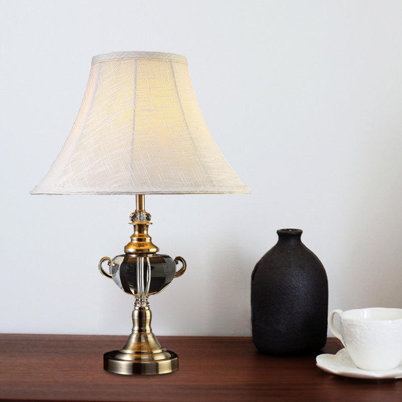 Tapered Fabric Nightstand Light Traditional 1 Light Bedroom Table Lamp in White with Crystal Deco