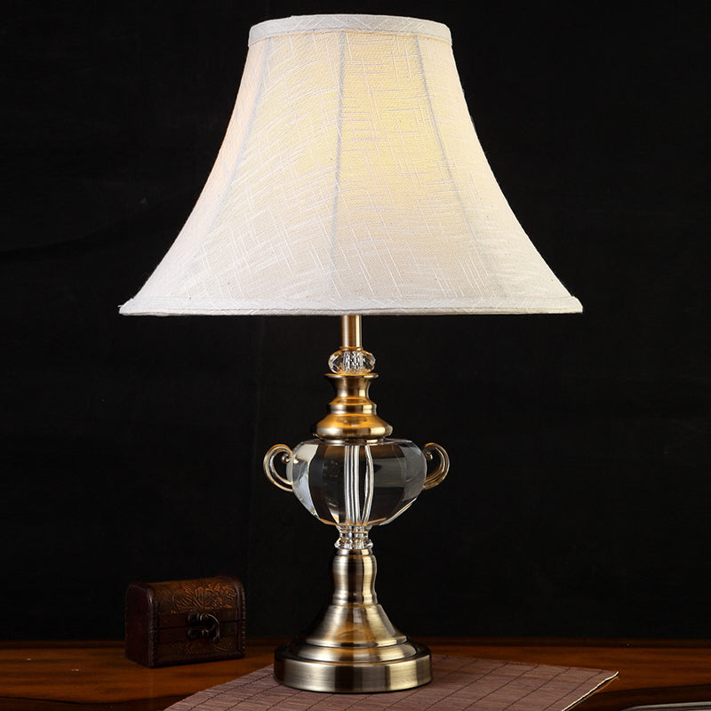 Tapered Fabric Nightstand Light Traditional 1 Light Bedroom Table Lamp in White with Crystal Deco