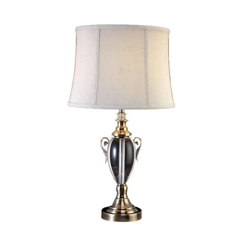 Cream Gray 1 Light Night Table Lamp Simple Fabric Paneled Bell Nightstand Light with Crystal Deco