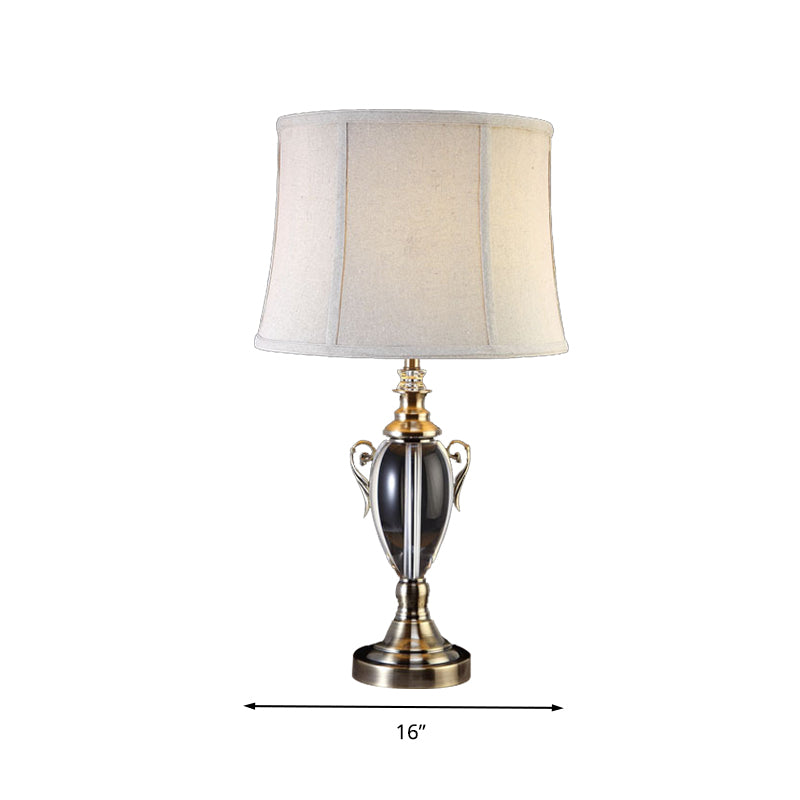 Cream Gray 1 Light Night Table Lamp Simple Fabric Paneled Bell Nightstand Light with Crystal Deco