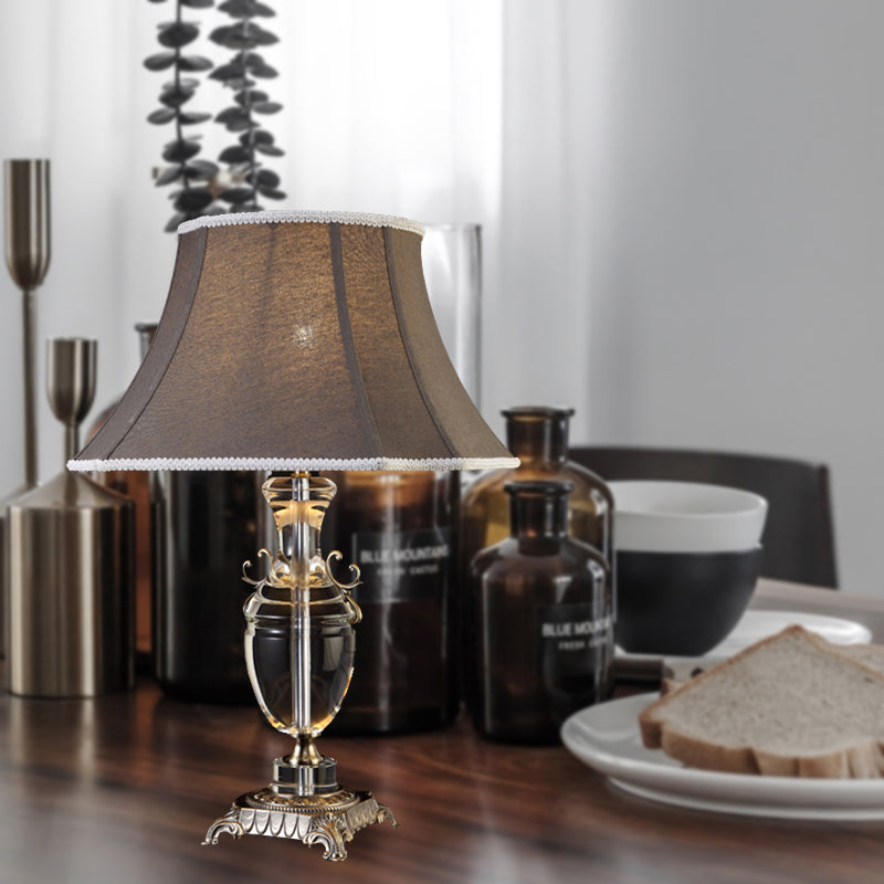 Fabric Tapered Table Lamp Rustic Single Bulb Bedroom Night Light in Dark Gray with Crystal Accent