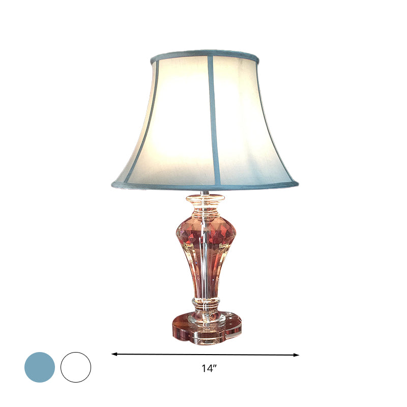 Tela blanca/azul lámpara de noche de estilo rural de lámpara de tela con base de cristal transparente