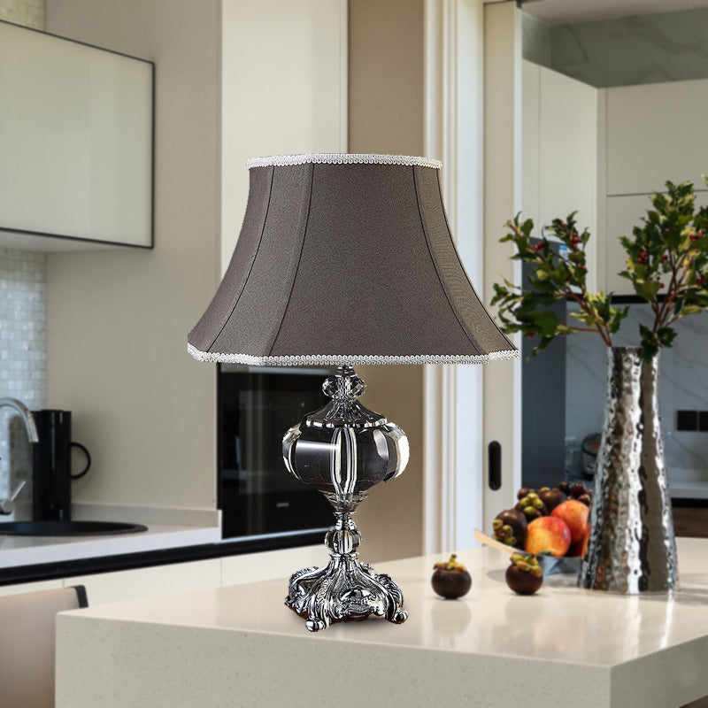 Fabric Grey Night Light Flared Single Head Traditionalism Nightstand Lamp with Crystal Base