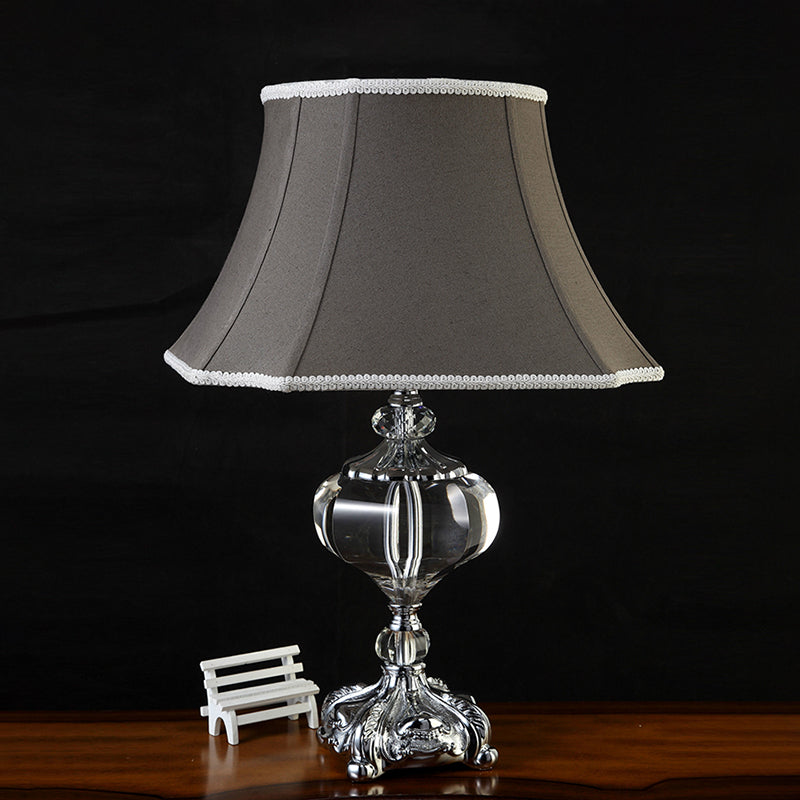 Fabric Grey Night Light Flared Single Head Traditionalism Nightstand Lamp with Crystal Base