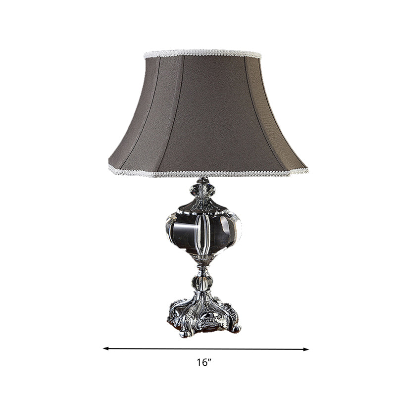 Fabric Grey Night Light Flared Single Head Traditionalism Nightstand Lamp with Crystal Base